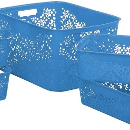Plastic 1 Large + 2 Medium + 2 Small Turkish Basket for Kitchen | Vegetables | Toys | Books | Office | Stationery | Utility | Cosmetics | Accessories | Closet | Wardrobe | Blue (Without Lid, 1Large + 2Medium + 2Small) Storage Basket-image-48