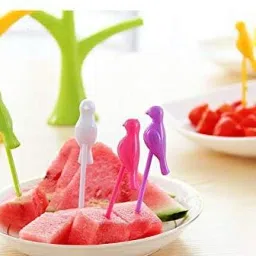 ajay enterprises Bird-Shaped Fruit Fork , 1 Set , 6 Pieces with Decorative Tree Stand Plastic Fruit Fork image 2