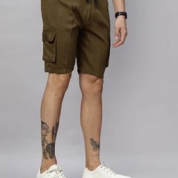 Solid Men Brown Cargo Shorts-image-4