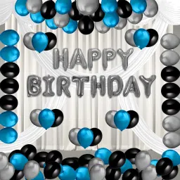 Solid Happy Birthday Balloons Decoration Kit 43 Pcs, 1 set of Silver 13Pcs "Happy Birthday" alphabet foil balloons and 30Pcs Blue, Black and Silver Metallic Balloon Set for Husband Kids Boys Decorations Items Combo with Helium Letters Foil Balloon Banner, Latex Metallic Balloons(Multicolor, Pack of 43)-image-97