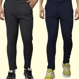 Pack of 2 Men Slim Fit Blue, Grey Lycra Blend Trousers-image-21