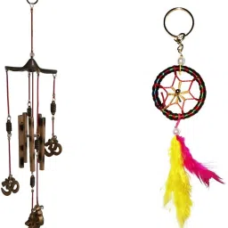 Combo Of Om 5 Pipes WInd Chime & Multi Color Dream Catcher Key Chain Wool Windchime-image-51