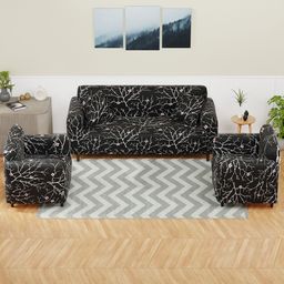 Aura Black & White Floral Printed 3 Pieces 5 Seater Sofa Covers With Arms-image-25