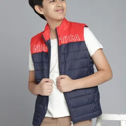 Nautica Boys Navy Blue & Red Colourblocked Mock Collar Sleeveless Padded Jacket-image-12