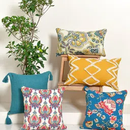 BLANC9 Tea Blue & Yellow 5 Pieces Ethnic Motifs Square & Rectangle Cushion Covers-47