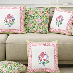 Sangria Green & Red 5 Pieces Printed Pure Cotton Cushion Covers-30