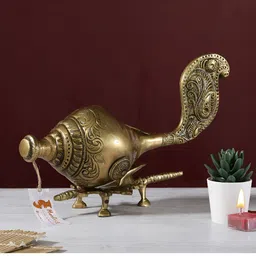Two Moustaches Gold Toned Brass Shankh with Stand-image-72
