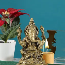 Two Moustaches Gold-Toned Aashirwaad Ganesha Brass Statue With Antique Finish-image-96