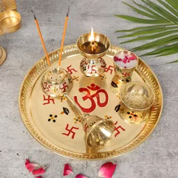 Two Moustaches Om & Swastika Design Brass Pooja Thali Set-image-23