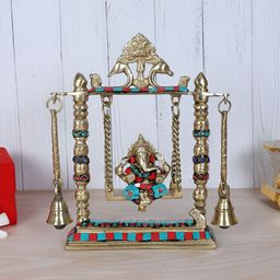 Two Moustaches Blue Brass Religious Idol Ganesha On Jhoola Swing With Bells Showpiece-image-75
