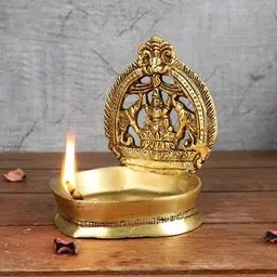 Two Moustaches Gold Toned Laxmi With Elephant Frame Design Brass Diya-26