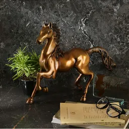 Two Moustaches Gold Toned Running Horse Figurine Brass Showpiece-image-73