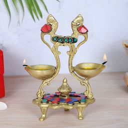 Two Moustaches Green & Red Gemstone Work Ethnic Peacock Design Twin Oil Wick Brass Diya-picture-20