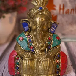 Two Moustaches Gold-Toned Gemstone Work Brass Ganesha Playing Tabla Showpiece-image-64