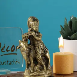 Two Moustaches Gold-Toned Flute Krishna with Cow Brass Statue-image-65