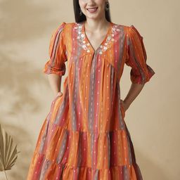Globus Orange Floral Printed V-Neck Puff Sleeves Gathered Cotton A-Line Dress-picture-19