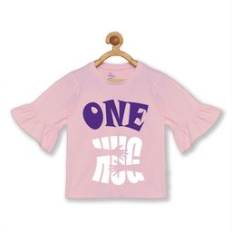 KiddoPanti Girls Pink Typography Printed Petal Sleeves T-shirt-image-43