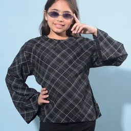 Crimsoune Club Girls Peter Pan Collar Checked Bell Sleeve Top-image-98