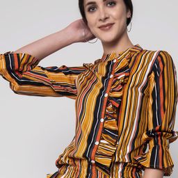 SEVEN FLOWER Striped Mandarin Collar Bell Sleeve Top-image-89