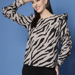 plusS Brown Abstract Printed Cuffed Sleeve Ruffled Regular Top-image-40