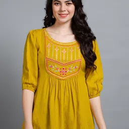 MOJILAA Ethnic Motifs Embroidered Puff Sleeves A-Line Top-image-7