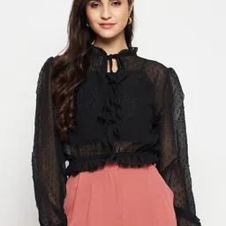 Madame Self Design Tie-Up Neck Puff Sleeves Ruffles Crop Top-picture-7