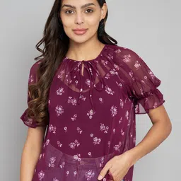 Amagyaa Floral Printed Tie Up Neck Puff Sleeve Top-image-50