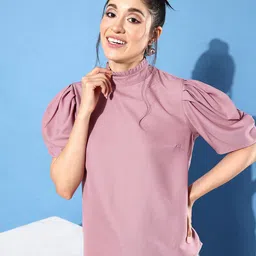 her by invictus Solid High-Neck Puff Sleeve Top-image-7