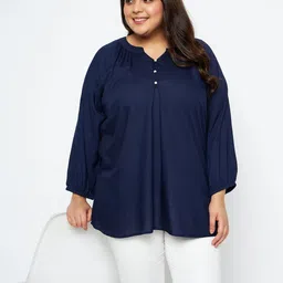 VINAAN Plus Size Mandarin Collar Puff Sleeve Top-image-35