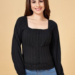 People Self Design Square Neck Puff Sleeve Cinched Waist Regular Top-picture-17