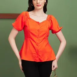 Globus Orange Square Neck Woven Puff Sleeve Top-picture-18
