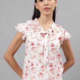 Latin Quarters Floral Print Tie-Up Neck Flutter Sleeve Opaque Casual Top-picture-11
