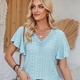 StyleCast x Revolte Blue V-Neck Flutter Sleeve Top-picture-51