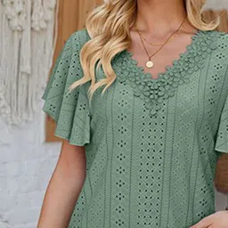 StyleCast x Revolte Green Self Design V-Neck Flutter Sleeve Top image 3