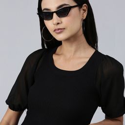 SHOWOFF Round Neck Puff Sleeve Acrylic Crop Top-32
