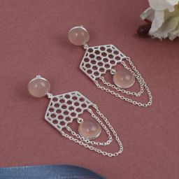 Femme Jam 925 Sterling Silver Natural Pink Chalcedony Gemstone Dangler Earrings for Women| White Gold Chalcedony Dangle Earring-image-44