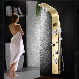 Prossimagen Shower Panel Thermostatic 5 in One With Digital LED Display Temperature Wall Mount Easy Connect Gold Shower Panel System Rainfall Luxury Shower set Stainless Steel-image-54