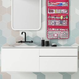 Kuber Industries Pink & Black Printed Foldable Wall Hanging Travel Cosmetic Make-up Organiser Kit-13