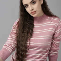 Women Striped High Neck Pink, White Sweater-picture-1