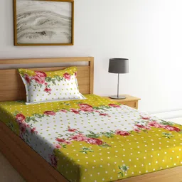 KLOTTHE Yellow & White Floral 300 TC Fitted Single Bedsheet & 1 Pillow Cover-image-51
