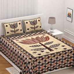UNIQCHOICE Yellow & Brown Ethnic Motifs Pure Cotton 210 TC King Bedsheet & 2 Pillow Covers-image-24