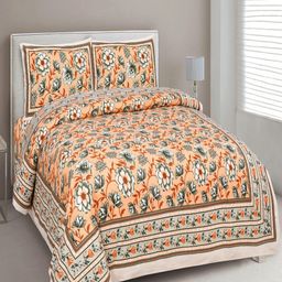 UNIQCHOICE Orange & Green Printed Cotton 180 TC King Bedsheet with 2 Pillow Covers-picture-1