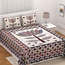 UNIQCHOICE Cream-Coloured Floral Pure Cotton 210 TC King Bedsheet & 2 Pillow Covers-picture-21