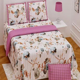 UNIQCHOICE Pink & White Printed Cotton 180 TC King Bedsheet with 2 Pillow Covers-22