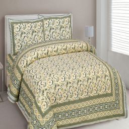 UNIQCHOICE Green & Olive Green Printed Cotton 180 TC King Bedsheet with 2 Pillow Covers-8