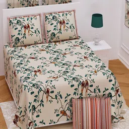 UNIQCHOICE Cream-Coloured & Green Printed Cotton 180 TC King Bedsheet with 2 Pillow Covers-image-74