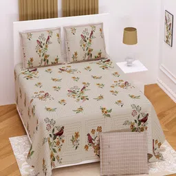 UNIQCHOICE Cream-Coloured & Green Pure Cotton 180 TC King Bedsheet with 2 Pillow Covers-image-116