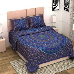 UNIQCHOICE Blue & White Ethnic Pure Cotton 144 TC King Bedsheet With 2 Pillow Covers-image-95