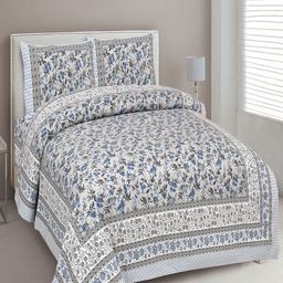 UNIQCHOICE Blue & White Floral Pure Cotton 180 TC King Bedsheet With 2 Pillow Covers-image-31