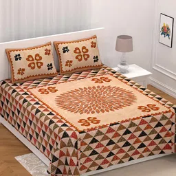 UNIQCHOICE Beige & Brown Floral Pure Cotton 210 TC King Bedsheet With 2 Pillow Covers-image-49